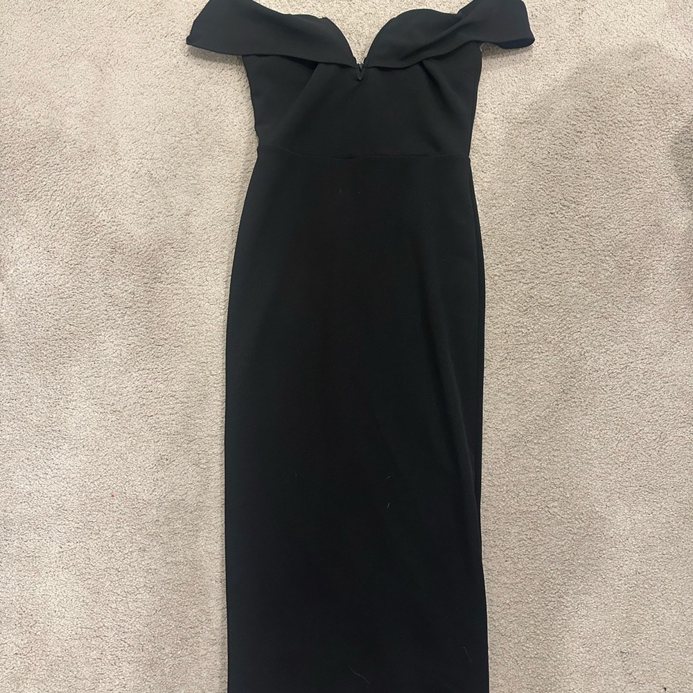 Lulu's Black Bodycon Midi Dress with Off the Shoulder Neckline for Cocktail